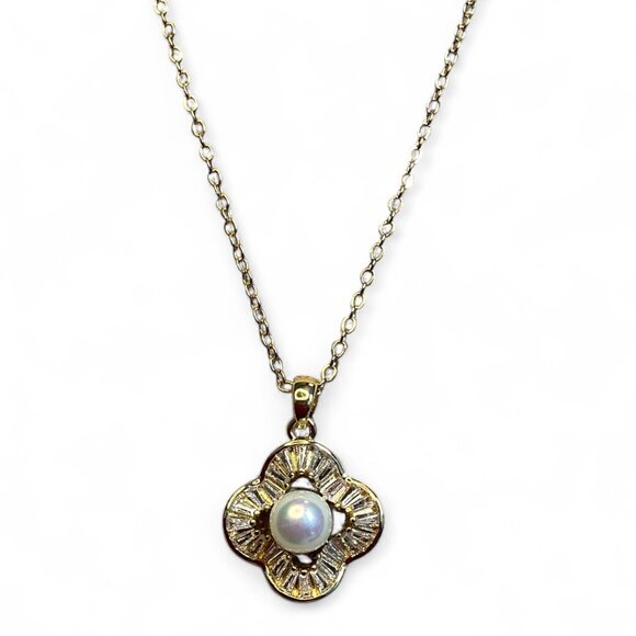 Gold-Tone Quatrefoil Pearl and Baguette Crystal Pendant Necklace - Picture 1 of 1